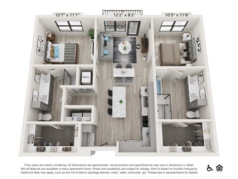 Floor plan for 2 beds, 2 baths, 1103 sqft